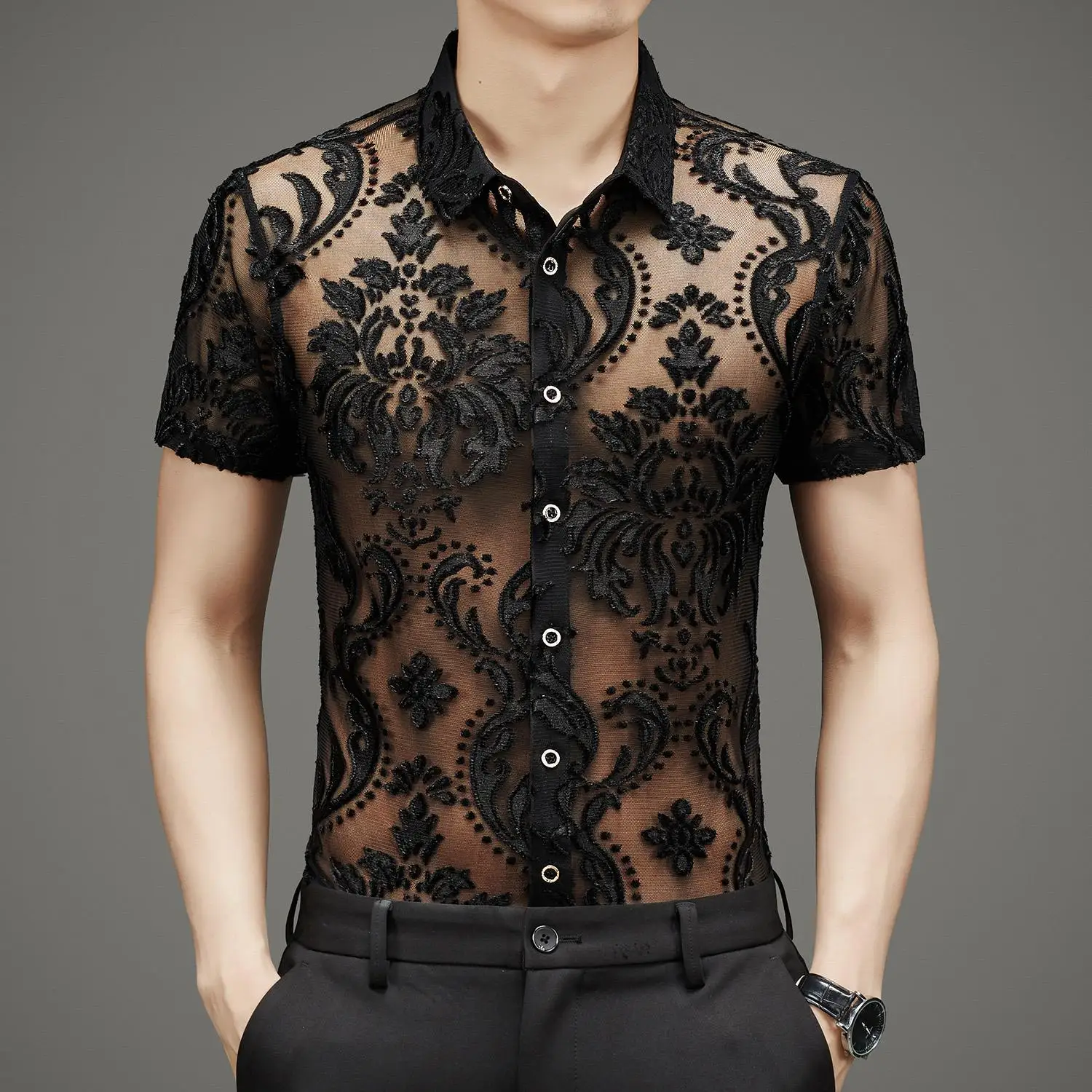 See Through Shirt For Mens Sexy Short Sleeve Flower Fishnet Lace Tops Green Black Blue
