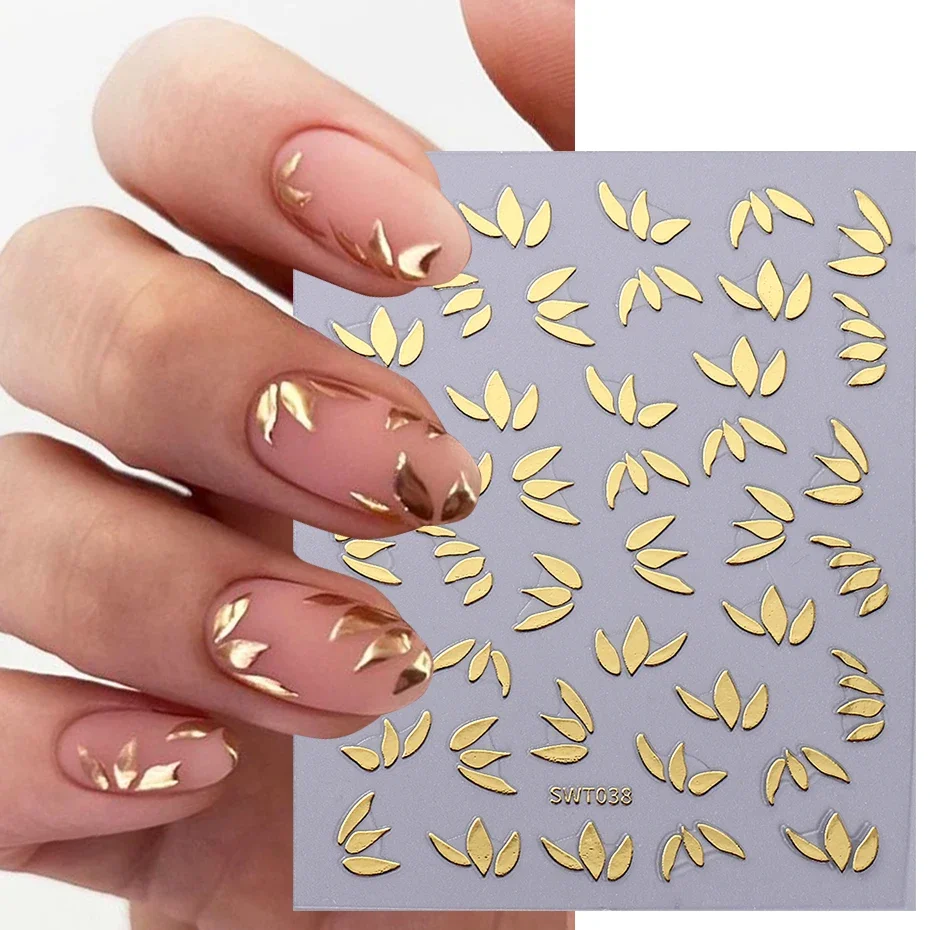 Metal Simple Leaf Nail Art Stickers Elegant Flower Rose Gold Silver Mirror Pattern Holographic Charm Petal Manicure Decor Foils