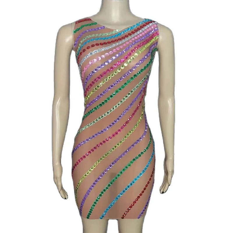 

Rhinestone Sexy Colorful Rainbow Transparent Sleeveless Dress Birthday Mesh Stage Costume