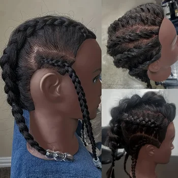 Testa di manichino nera da 16 pollici con capelli sintetici per pratica di intrecciatura Testa di manichino con supporto per acconciature