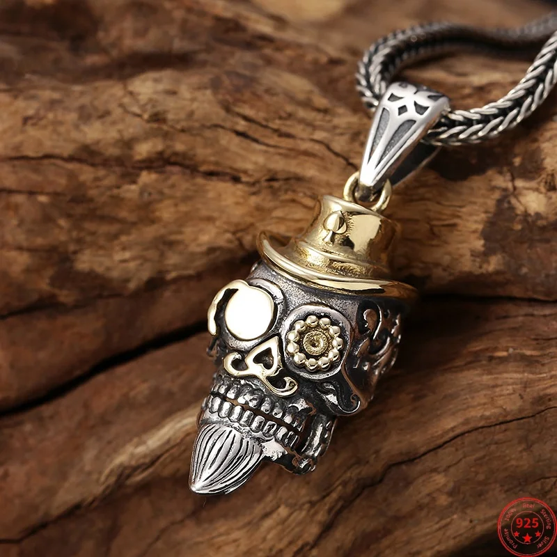 

S925 Sterling Silver Charms Pendants for Women Men New Fashion Relief 3D Hat Beard-skull Amulet Punk Jewelry Free Shipping