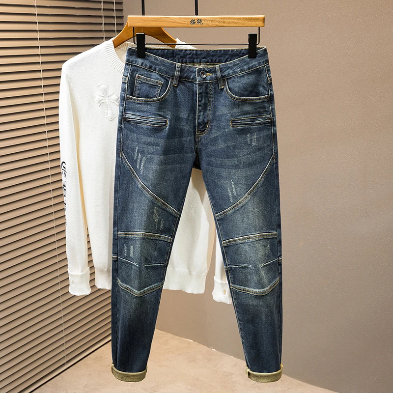 Light luxury high-end MEN'S jeans splicing patch slim straight casual bike simple personality denim blue casual pants