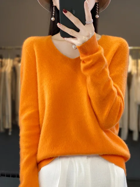 100% Merino Wool Women's Sweater V-Neck Long Sleeve Pullovers Autumn Winter Basic Jumper Cashmere Knitwear Warm Female Clothing 2