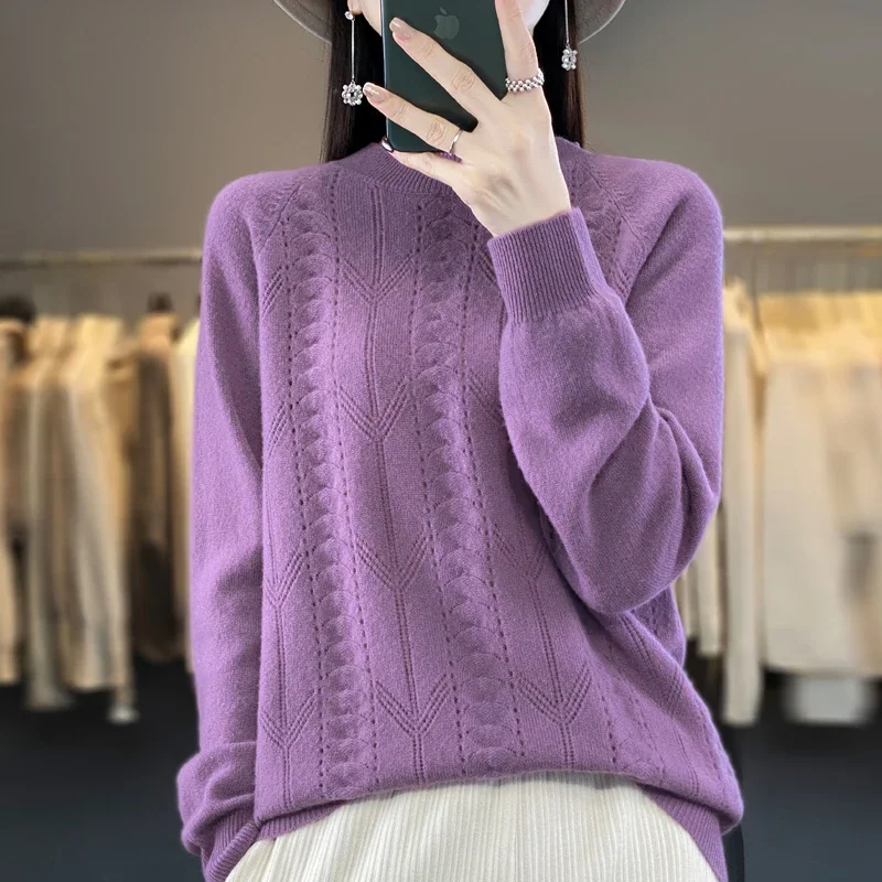 

Женский вязаный свитер, однотонный пуловер из 100%-ной шерсти с круглым вырезом, в Корейском стиле, Осень-зима