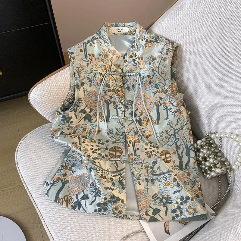 Chinese Style Tops Women Satin Embroider Flower Hanfu Jacket New Lady Casual Outwear Vintage Button Down Cheongsam Vest