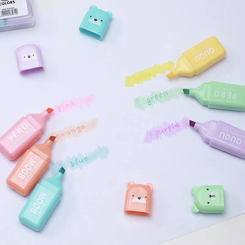 색상 귀여운 곰 형광펜 세트 미니 마커 펜 어린이 문구 학생 그림 그리기 도구 학생 학교 용품 신제품