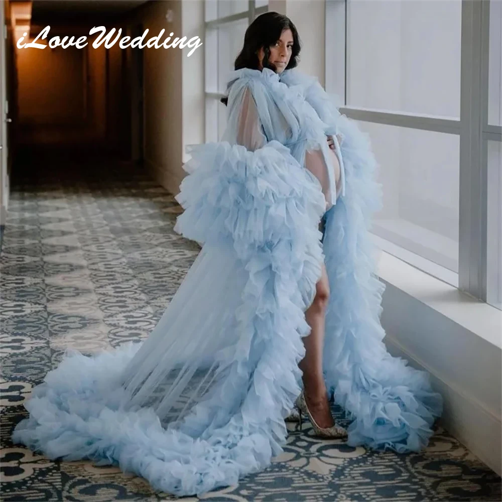 

Light Sky Blue Prom Dress For Pregnant Women Fluffy Ruffles Robe Long Party Gowns Photography Sexy Maternity Nightgown Customize