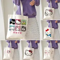 MINISO Hello Kitty Printing Shoulder Bags for Women Cute Cartoon Large Capacity Handbags Female Eco Canvas Reuseable Tote Bag 1