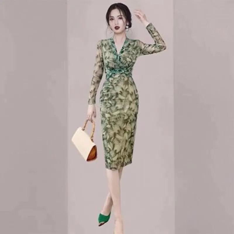 

2022 Spring Summer Elegant Flower Print Sexy Ruched Bodycon Dress Women V Neck Long Sleeve Mesh Bow Lace-Up Midi Dress
