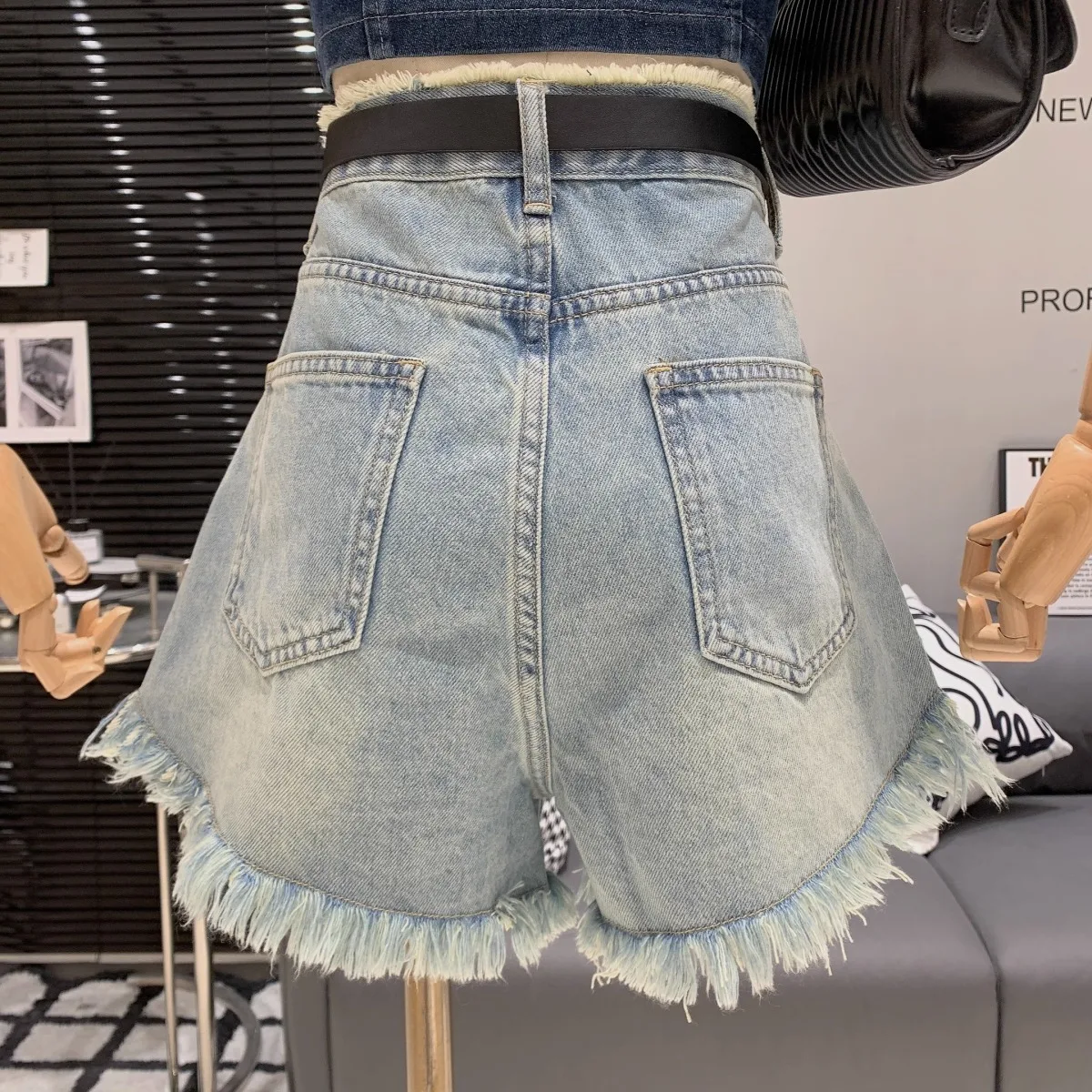 Korean summer new style tassel ruffled high waisted denim shorts for women's loose A-line wide leg pants hot pants
