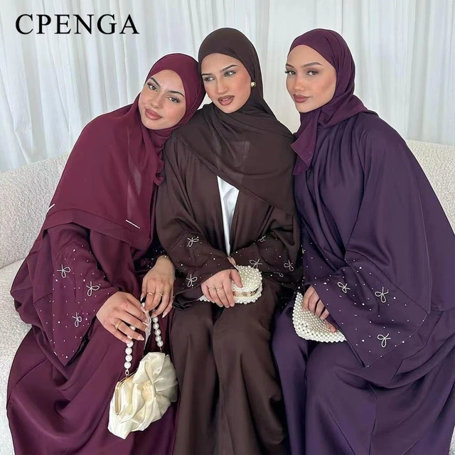 Abaya de luxe de dubaï avec nœud perlé, robe modeste pour femmes musulmanes, élégant, couverture ouverte sur le devant, Cardigan à la mode, tenue turque unie 1