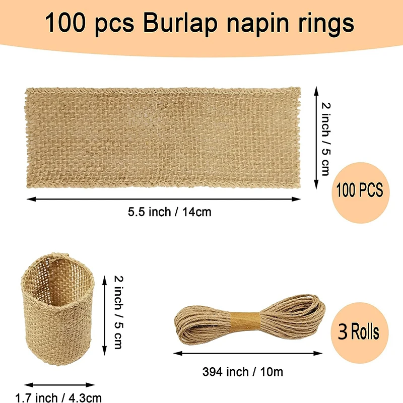 Natural Burlap Napkin Ring with Jute Rope Set Disposable Napkin Band 100pcs Bulk Table Decor Wedding Dinner Country Party Decor