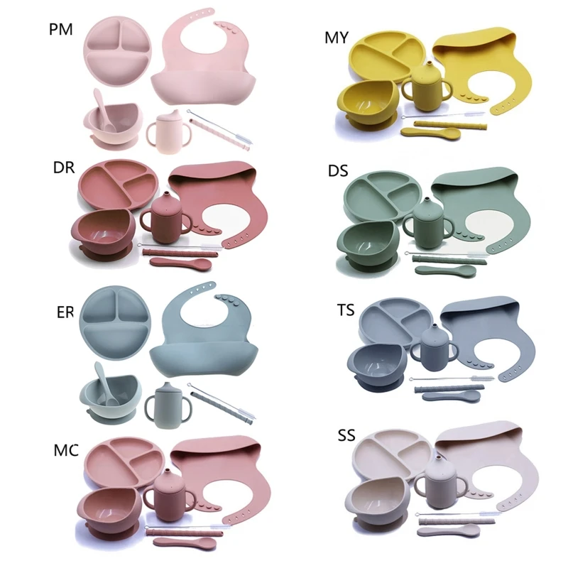 

7Pcs Baby Tableware Bib Plate Spoon Cup Silicone Feeding Set Waterproof Dinner