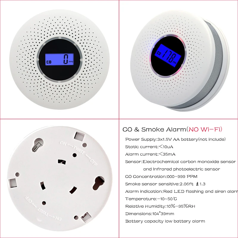 Detector de humo y monóxido de carbono con batería de doble sensor  combinado de humo y alarma de CO con pantalla LCD, indicador LED y alerta  de sonido