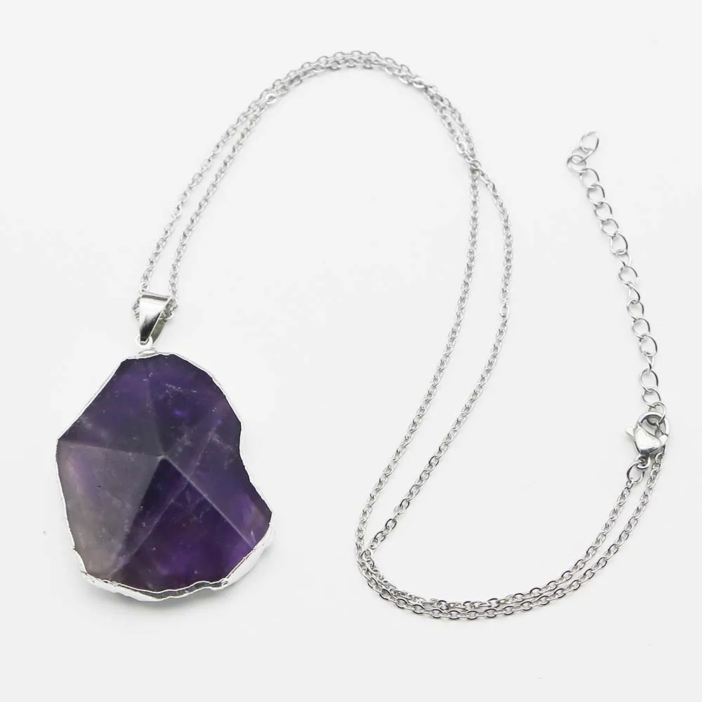 Natural Stone Amethyst Irregular Silver Edge Pendant Stainless Steel Chain Necklace Charm DIY Jewelry Accessories Wholesale 6Pcs