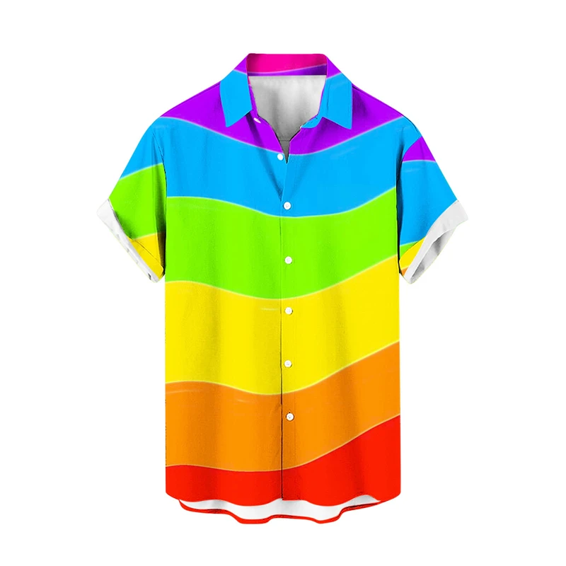 thumbnail image 1 of Camisa hawaiana con estampado 3D de rayas de colores para hombre, camisas de playa con plantas para vacaciones de verano, camisas de manga corta con botones para parejas de calle, 1 of 5