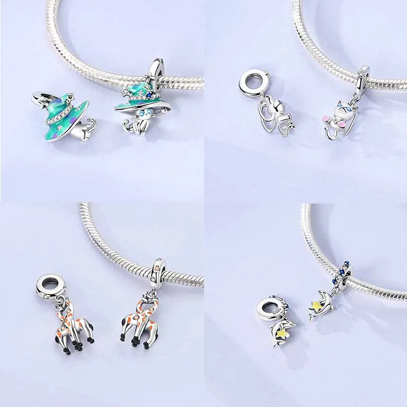 부적 Plata De Ley 925 동물 개 고양이 올빼미 토끼 사자 코끼리 공룡 매력 Origina 팔찌 팔찌 쥬얼리 비즈 만들기
