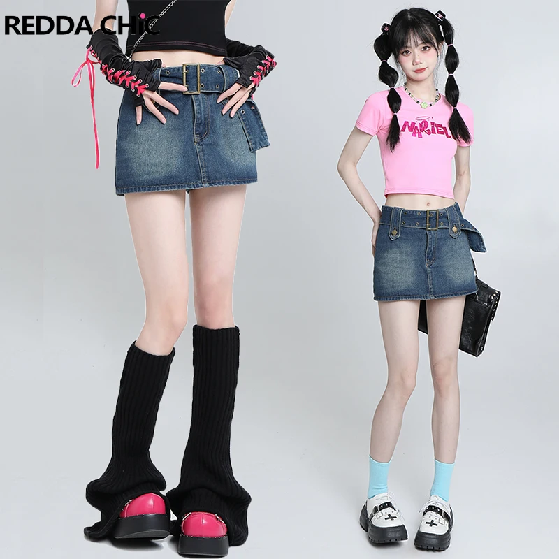 

REDDACHiC Hotties Y2k Summer Belt Bodycon Mini Denim Skirt A-line Blue Vintage Rave Jean Skort Short Bottoms Korean Streetwear