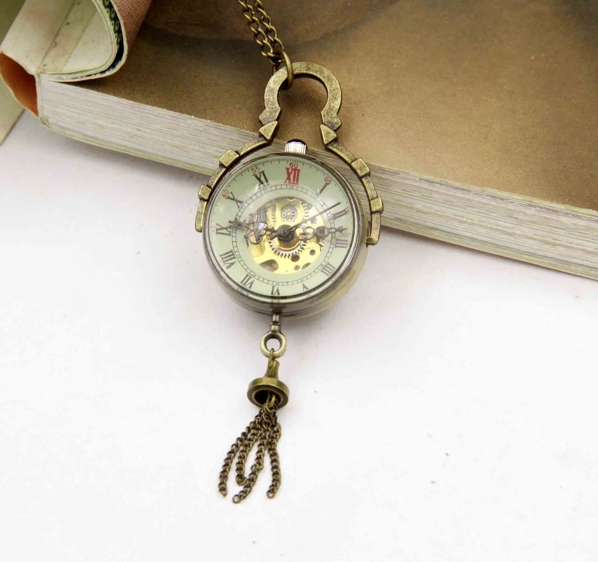 2 Pieces Luxury Vintage Mechanical Pocket Watch for Men Male Transparent Glass Roman Numerals Man Fob Chain Man Pendant Clock