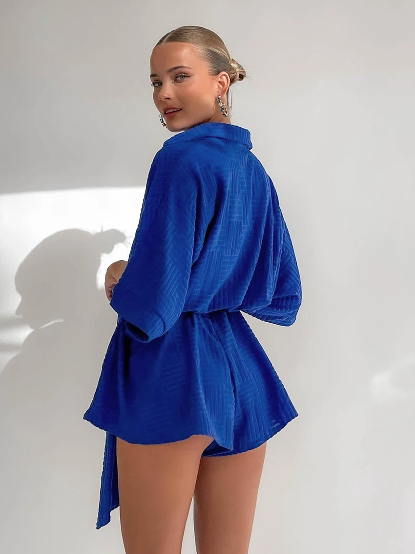 Marthaqiqi Casual Ladies Pajamas Half Sleeve Sleepwear Sexy Turn-Down Collar Nightwear Lace Up Nightgowns Loose Women'S Bodysuit