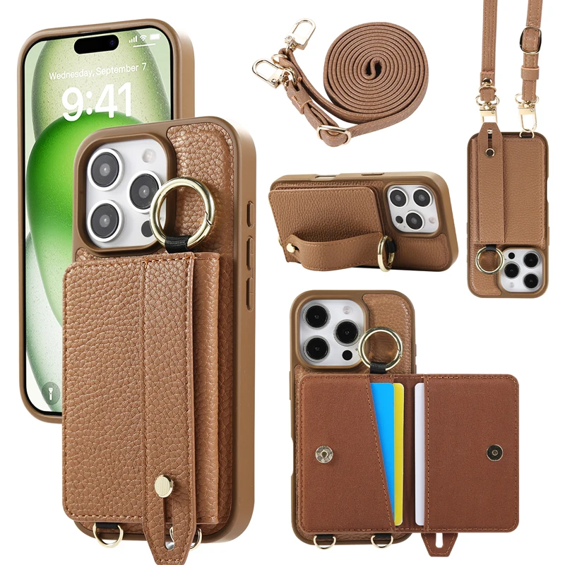Luxury PU Leather Wristband Case with Lanyard and Card Holder, All-Around Shockproof Design