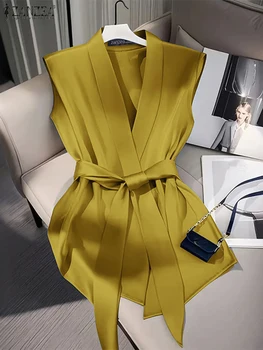 ZANZEA Women Shiny Satin Blouses Elegant Wrapped V-Neck Sleeveless Tops 2025 Summer Office Commuting Belted Party Blusas Mujer 1