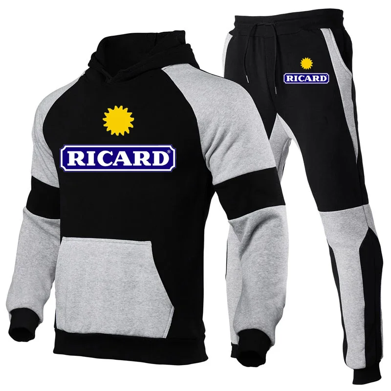 

Ricard 2 Pieces Sets Tracksuit Men New Brand Autumn Winter Hooded Sweatshirt +Drawstring Pants Male Stripe Patchwork Hoodies