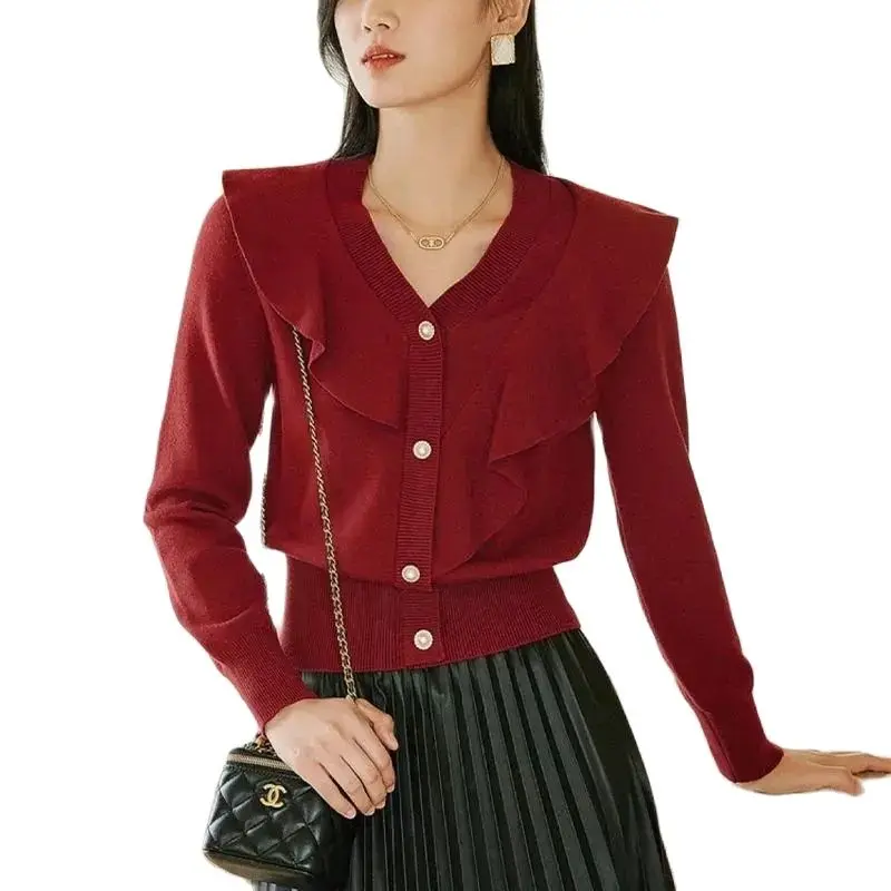 

Женский вязаный кардиган с V-образным вырезом, свободный белый свитер с длинным рукавом, осень 2023