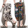 Harajuku Summer Loose Calf Length Casual Pants Men Wide Leg Cotton Linen Printing Baggy Pants Oversize Men's Trousers 1