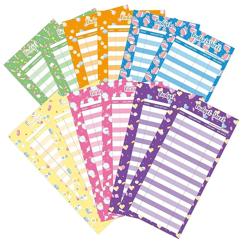 

60Pcs Budget Sheets Expense Tracker Paper Refill Inserts With Holes For A6 Binder Cash Envelope,Cartoon Candy Pattern