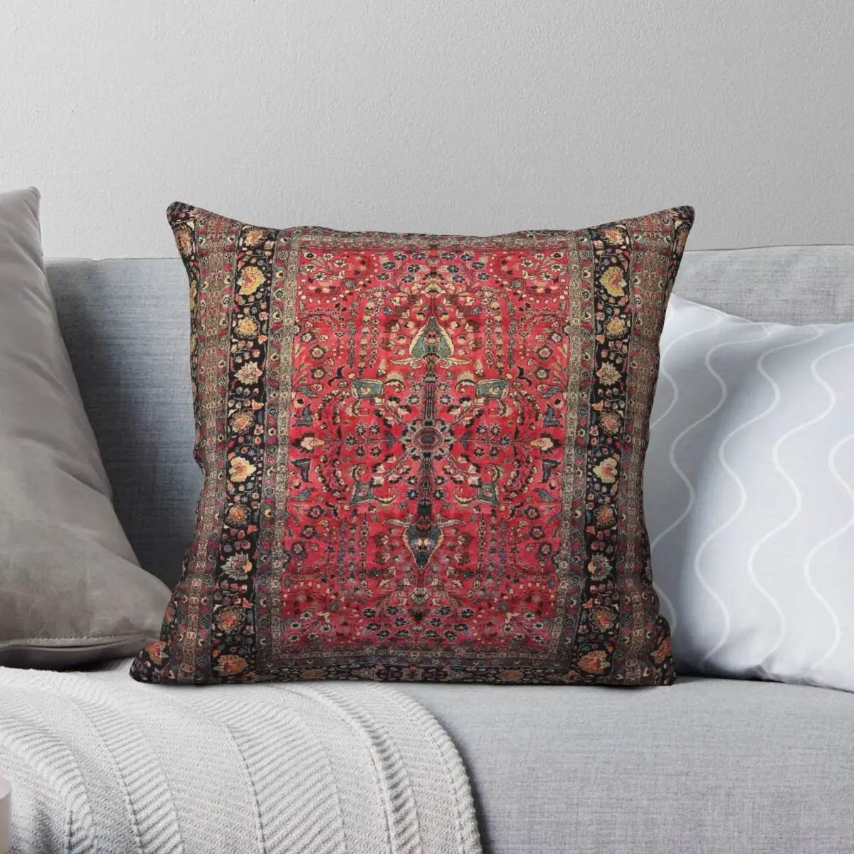 

Red Boho-chic Persian Rug Square Pillowcase Polyester Linen Velvet Printed Zip Decorative Home Cushion Cover Wholesale