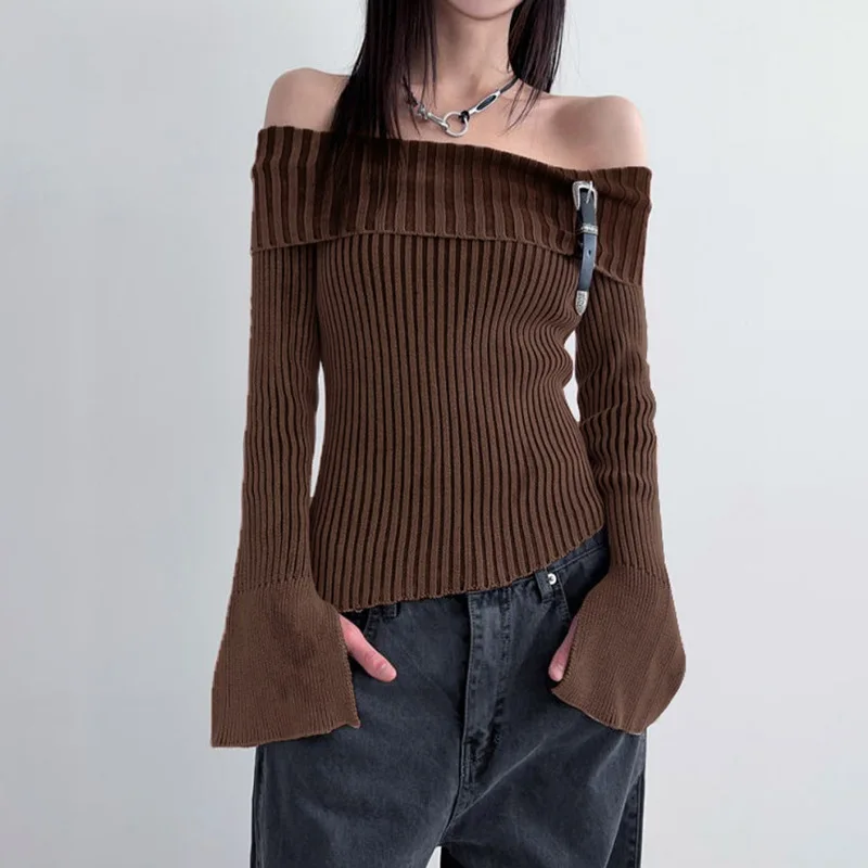 

American Retro Off The Shoulder Slim Fit Sexy Pullover Sweater for Women Spring Autumn 2024 Irregular Hem Slash Neck Knit Top
