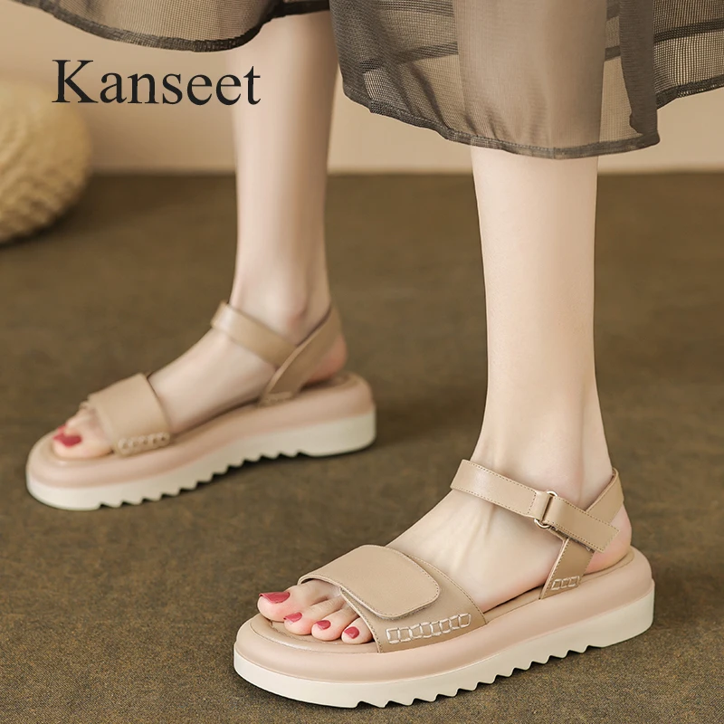 

Kanseet 2023 New Arrival Platform Sandals For Lady Open-Toed Genuine Leather Sandal Casual Handmade Summer Women Shoes Apricot