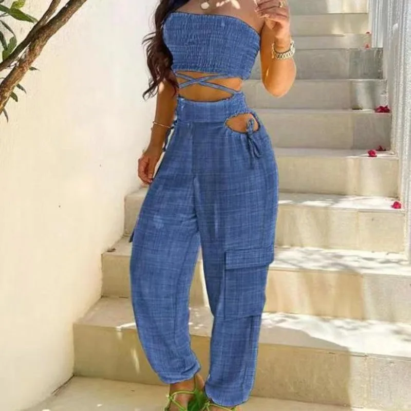 2024 Women's Dress Strapless Strapless Midriff Lace-up Cargo Pants Pocket Denim Blue Waist Pants Set Two-piece Women's Dress