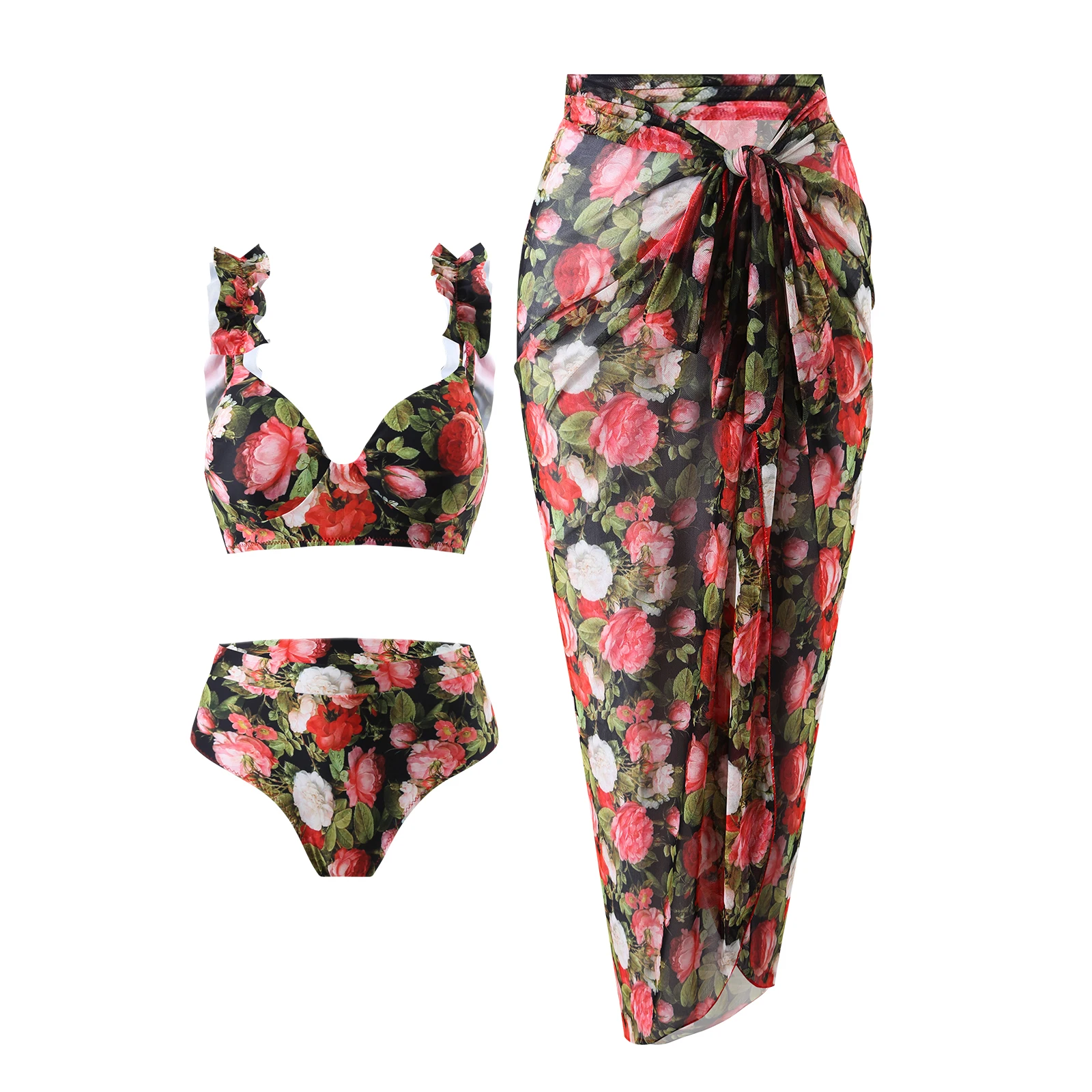 SUNSIREN Floral Print Separate Swimsuit Women Ruffle Shoulder Strap Three Pieces Swimwear Sexy Low Waist Push Up Beach Wear