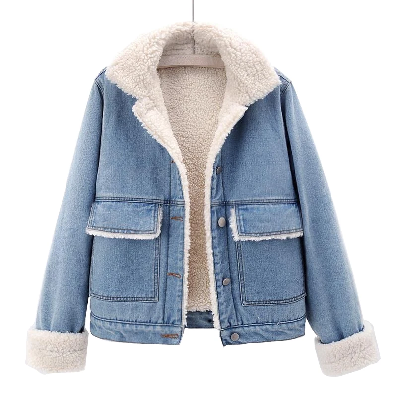 

Women S-XL Denim Turn-Down Collar Jacket Winter Warm Polar Fleece Fabric Single Breasted of Short Jean Casual Tops Outerwear