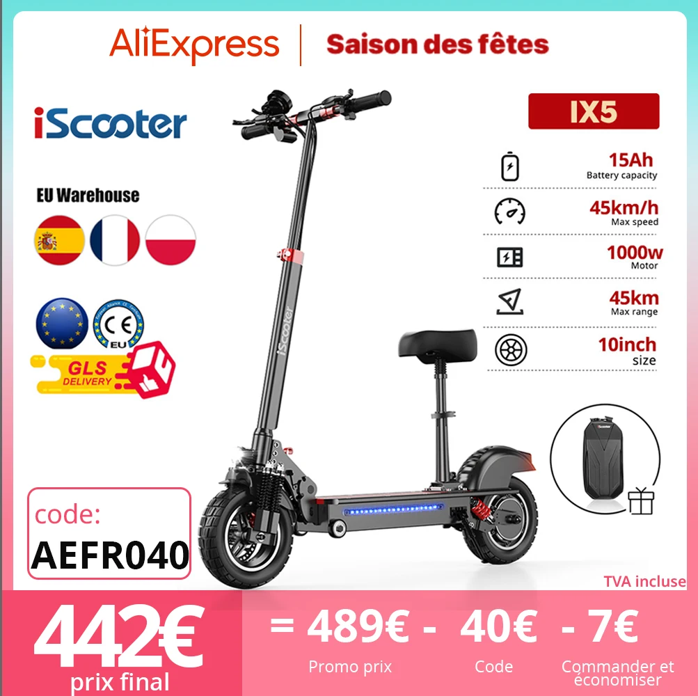 Trottinette électrique Adulte IScooter - 800W, 40-45 Km D'autonomie, 25 Km/h Max - Pliable, Charge 150 Kg
