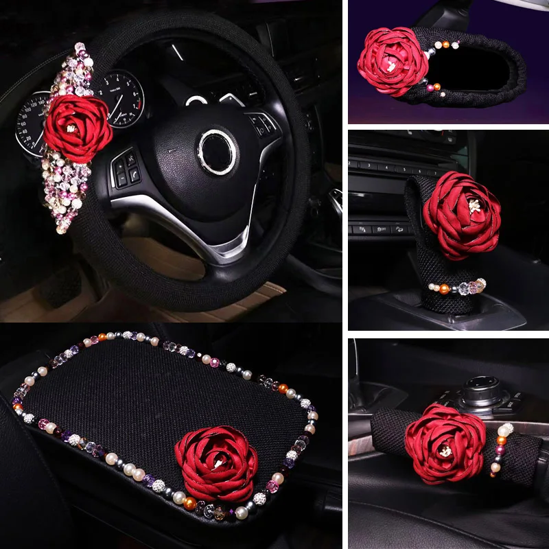 Red Rhinestone Car Interior Accessories For Women Diamond Steering Wheel  Cover Crystal Car Mount Holder Keychain Tissue Box Deco - Steering Covers -  AliExpress