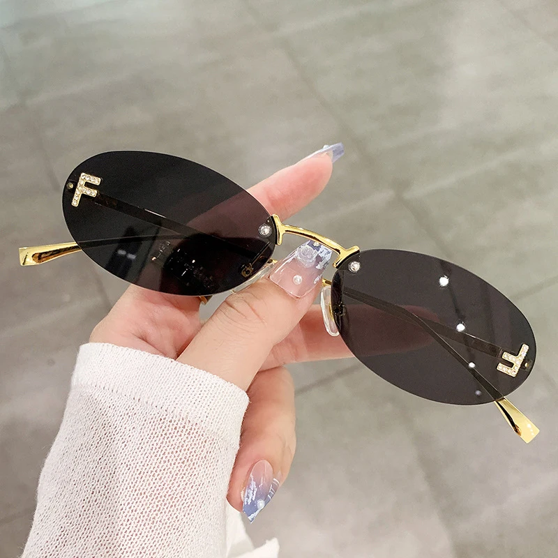 

Diamond-encrusted Rimless Oval Sunglasses for Women Fashion Small Frame Trend Sun Glasses Brand Designer Eyewear