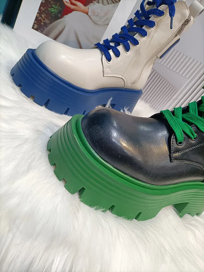 Spring Autumn Genuine Leather Short Boots Women's Lace-Up Round Toe Thick Soled Short Boots Ladies Fashion Pumps Casual Shoes