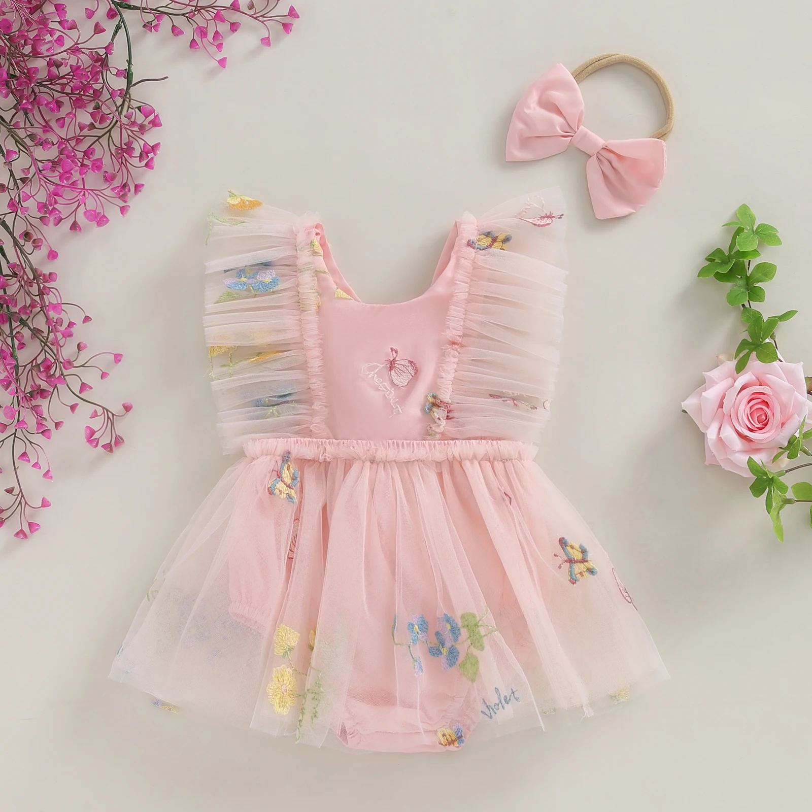 Summer Infant Baby Girl Outfits Ruffle Sleeveless Floral Embroidery Tulle Skirt Bodysuit Headband Clothes Set 2