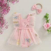 Summer Infant Baby Girl Outfits Ruffle Sleeveless Floral Embroidery Tulle Skirt Bodysuit Headband Clothes Set 2