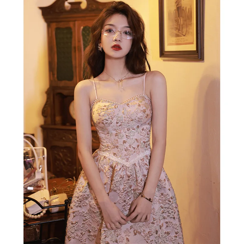 

Женское вечернее платье на бретелях-спагетти, розовое платье трапециевидной формы с принтом, аппликацией из жемчуга и V-образным вырезом, элегантное милое платье для выпускного вечера