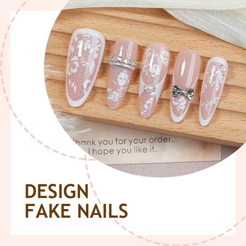 24개입 Y2K 스틸레토 스틱온 네일 팁 심플 화이트 레이스 플라워 프렌치 네일 팁 메탈릭 실버 3D 보우 펄 아몬드 모양 가짜 네일