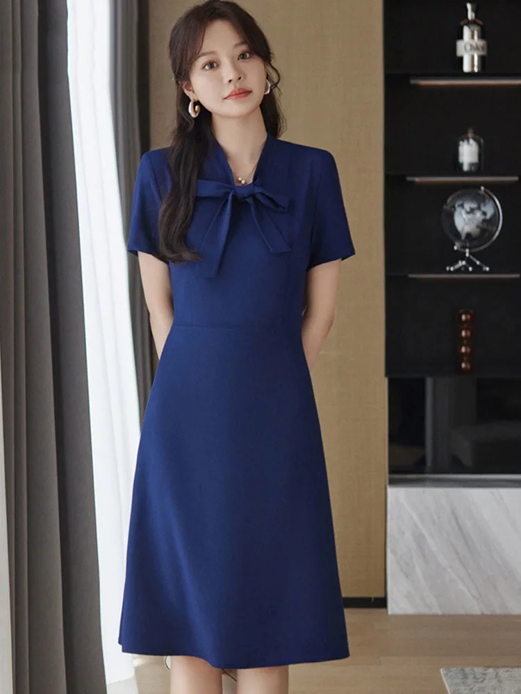 

2024 Summer Solid Elegant Slim Short Sleeve Midi Causal Dress Women High Waisted Festival Office Bow A-line Dress Simplicity New