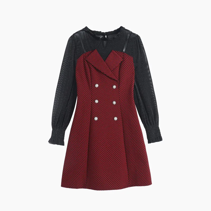 

2023 Spring Womens Dress Hong Kong Style Vintage Plaid A Line Temperament Patchwork Free Shipping