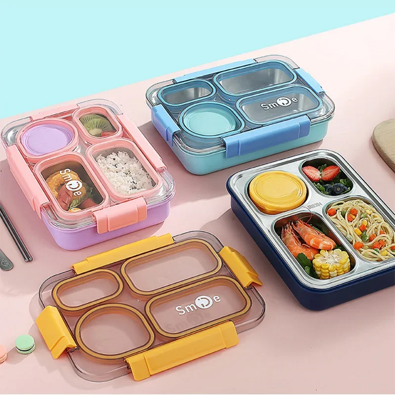 Stainless Steel 4 Divided Compartments Bento Lunch Box Kids Insulated Lunch Box for School Office Kitchen Food Storage Container