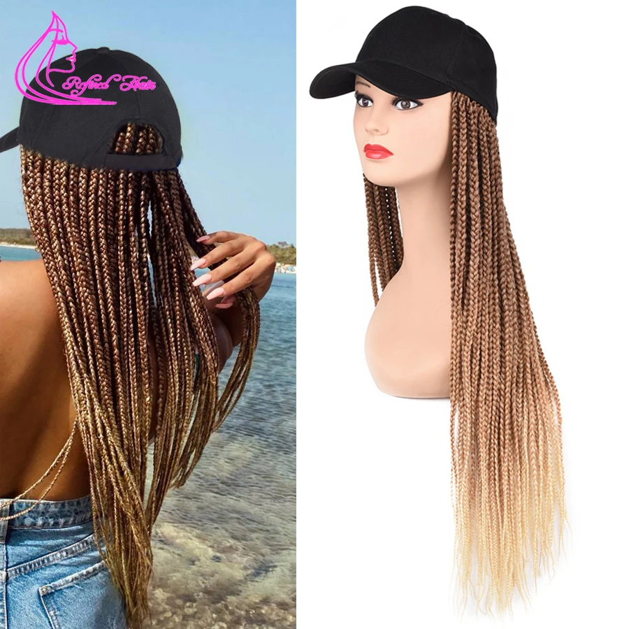 Synthetic Hair Wigs Hat Wig Baseball Cap with Synthetic Braiding Hair 24inch Long Braided Wig For Women Girls Daily Wear Ombre Blue Grey Brown Blond