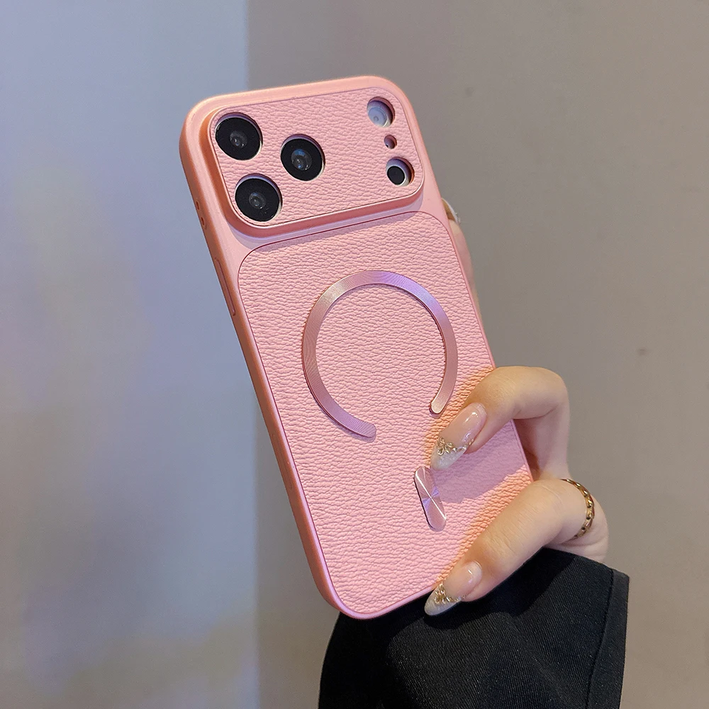 Vintage-Style Leather Magnetic Wireless Charger Case with Full Lens Protection and Shockproof Bumper