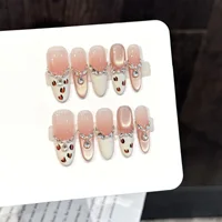 10pcs Gentle Blush Handmade Press On Nails Leopard Print White French Style Fake Nails Pink Long Almond Sweet Cool False Nail